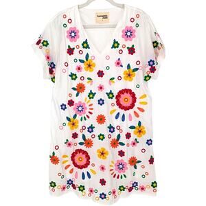 Savannah Jane White Floral Embroidered Boho Cottage Prairie Tunic Mini Dress SML